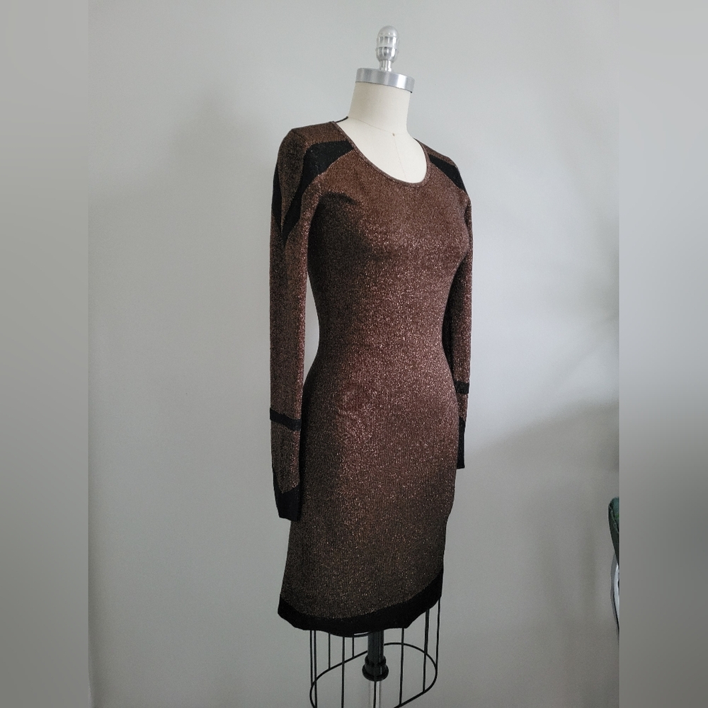 GIANNI BINI copper and black knit stretch metallic sparkle long sleeve dress